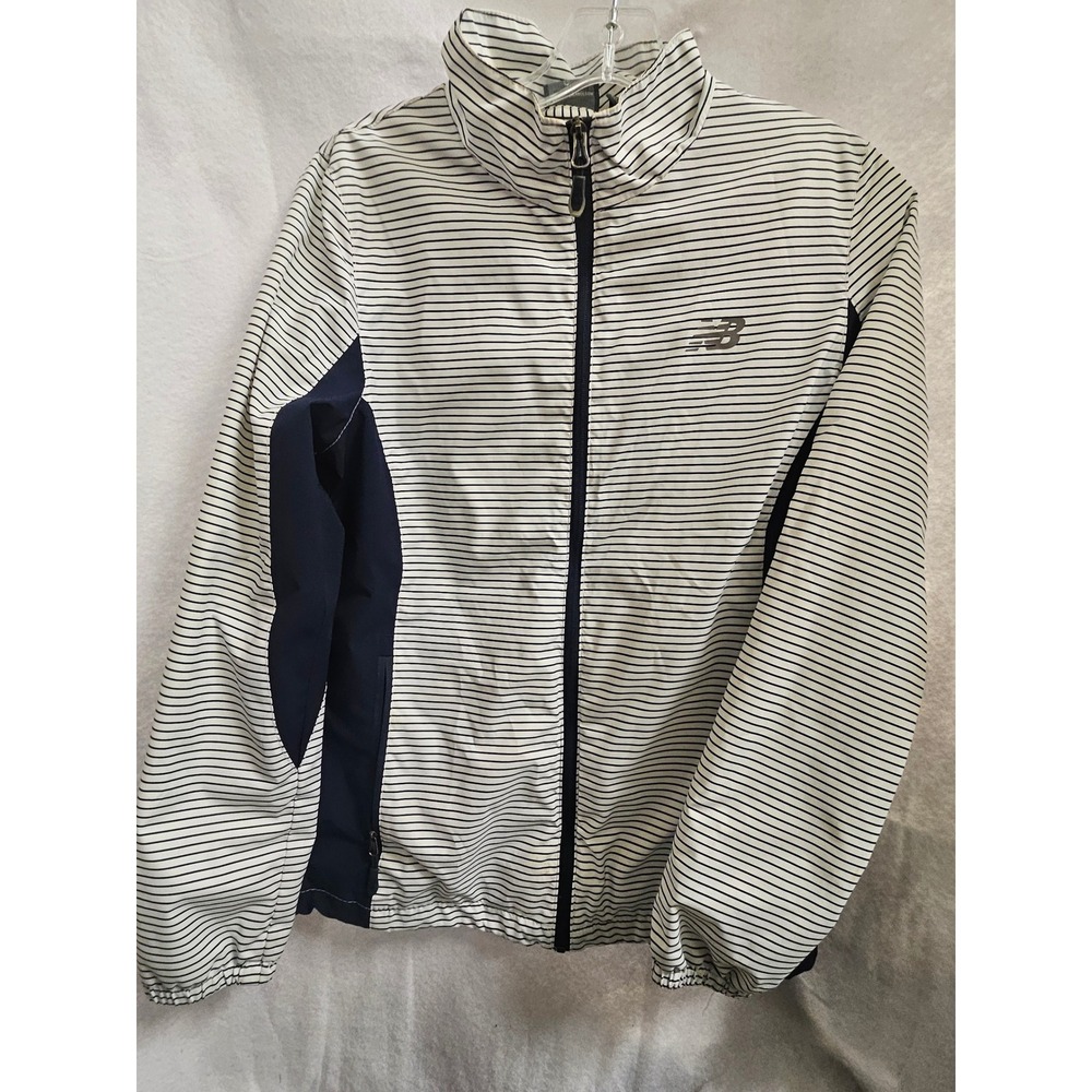 New Balance Womens Small Striped Full Zip Windbreaker Jacket Navy White Running